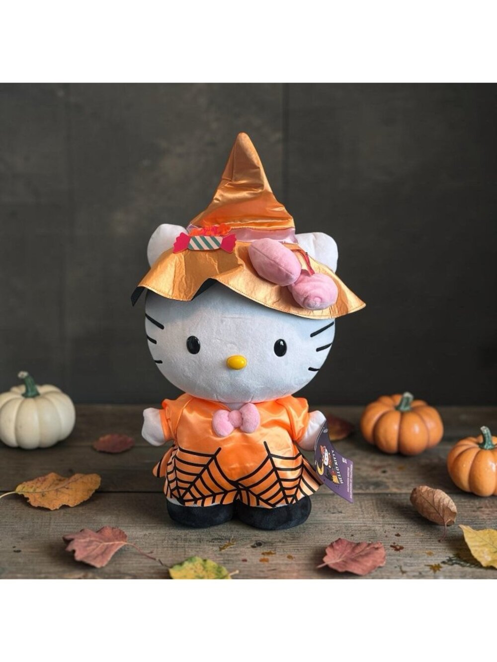 Gemmy Hello Kitty 2026 Halloween Greeter Plush 22" Orange Spiderweb Witch Sanrio